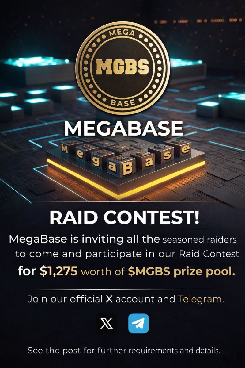 🏆 $MGBS Raid Contest: $1,275 in Prizes for 15 Winners!

Duration: 28th January - 28th February 2026

How to Compete: Raid our official posts &amp; create content using MegaBase token ticker $MGBS &amp; #MGBSRaid!
We'll track quality engagement (Likes, Retweets, Replies, Original