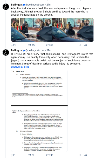 rgoodlaw's tweet image. Bellingcat is gold standard

"Video of the shooting appears to show that a gun was taken from the man BEFORE THE FIRST shot was fired."

"At least 10 shots being heard in total. Most of them are fired after a brief delay, when the man is already lying motionless on the ground."