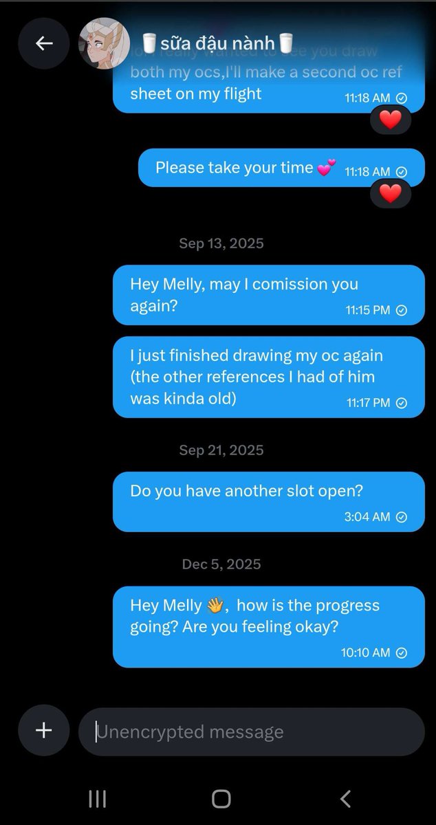 Nonexistent_One's tweet image. "Commission warning about @/mellyvuong

I commissioned mellyvuong through Twitter in early September and paid via PayPal. It is currently late January, I have not received the artwork, any updates, refund, or any communication. (1/?)