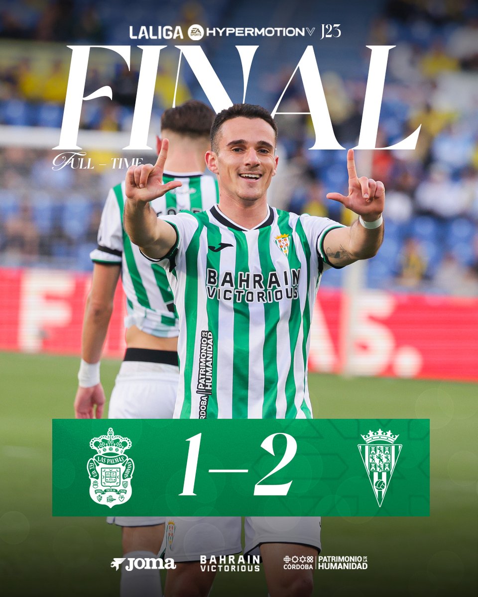 🏁 ¡FINAL, FINAL, FINAL, FINAL DEL PARTIDOOOO!

⚽️ Diego Bri
⚽️ Fuentes

#LasPalmasCórdoba 1-2 (90'+)