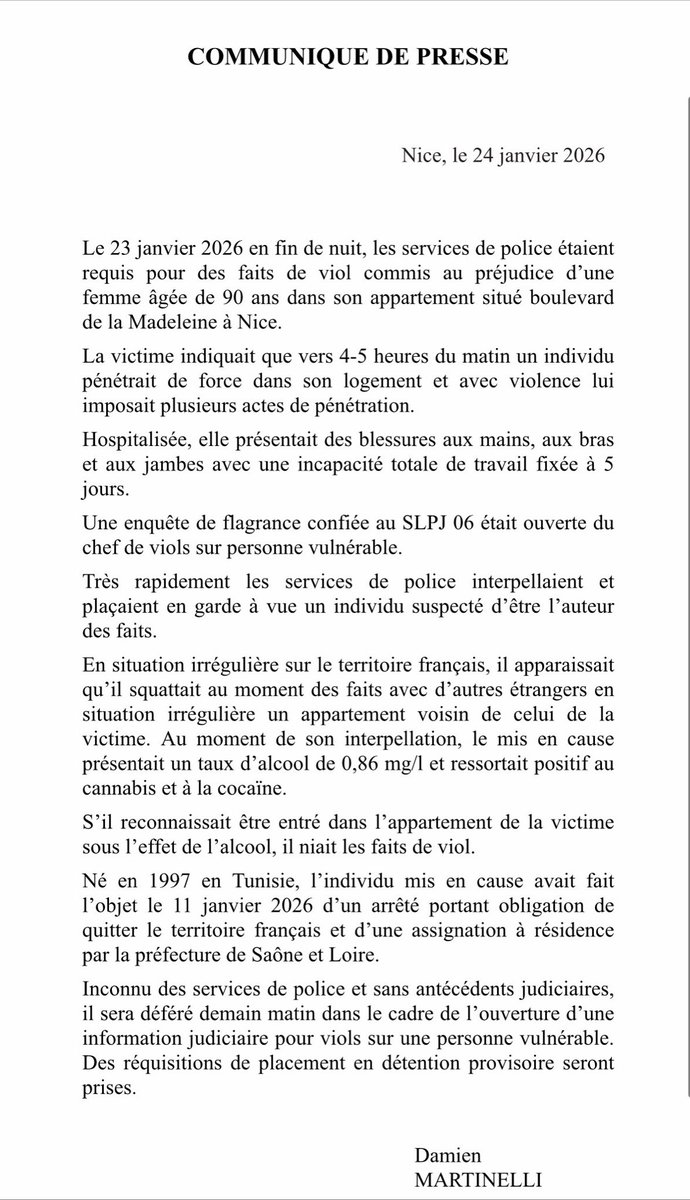 eciotti's tweet image. L’individu qui a commis le viol abominable d’une femme de 90 ans au boulevard de la Madeleine à Nice était sous OQTF !

Une nouvelle fois, quelqu’un qui n’avait rien à faire en France commet une abomination. Quand allons-nous mettre fin à cette politique criminelle !?