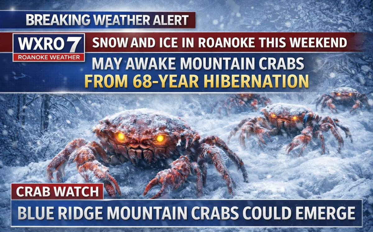 JamesHu27192912's tweet image. Channel 7 is now calling for the awakening of the Blue Ridge Mountain Crabs. These things have been in hibernation for years!
