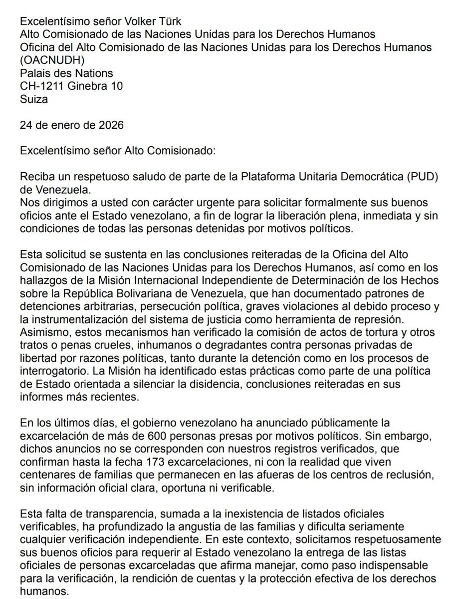 unidadvenezuela's tweet image. Informamos al país y a la comunidad internacional que, tal como nos comprometimos en la mañana de hoy, ya fue enviada por vía de correo electrónico la siguiente comunicación, junto con sus respectivos soportes, al Alto Comisionado Volker Türk @volker_turk. 

Agradecemos las…