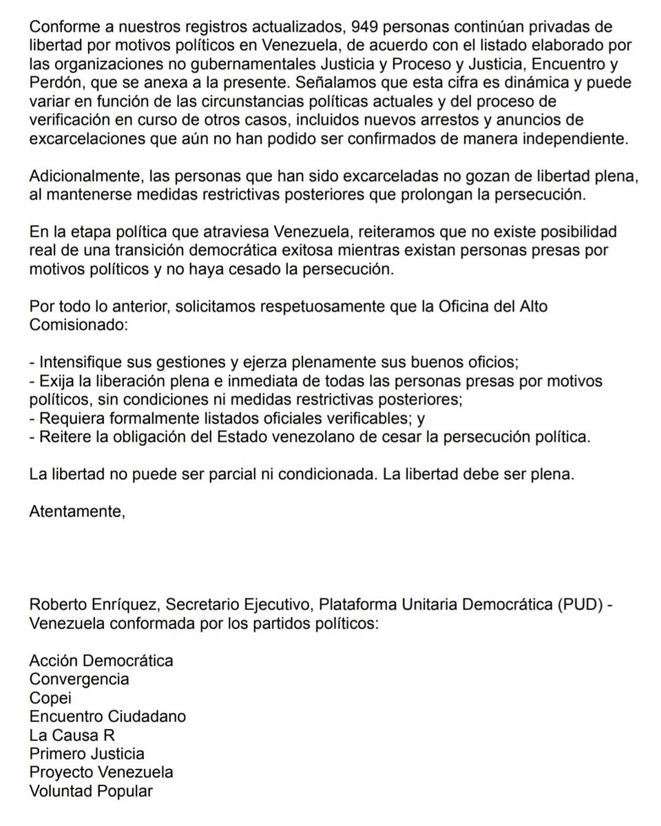 unidadvenezuela's tweet image. Informamos al país y a la comunidad internacional que, tal como nos comprometimos en la mañana de hoy, ya fue enviada por vía de correo electrónico la siguiente comunicación, junto con sus respectivos soportes, al Alto Comisionado Volker Türk @volker_turk. 

Agradecemos las…