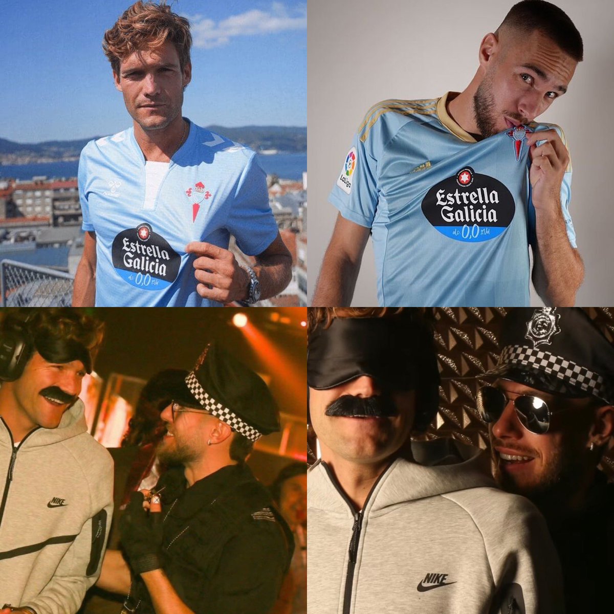 Juezcentral's tweet image. Borja Iglesias organizó fiesta de disfraces de cumpleaños. El premio al disfraz de la noche se lo llevaron sus compañeros del Celta, Oscar Mingueza y Marcos Alonso. 

Policía y Nicolás🥶