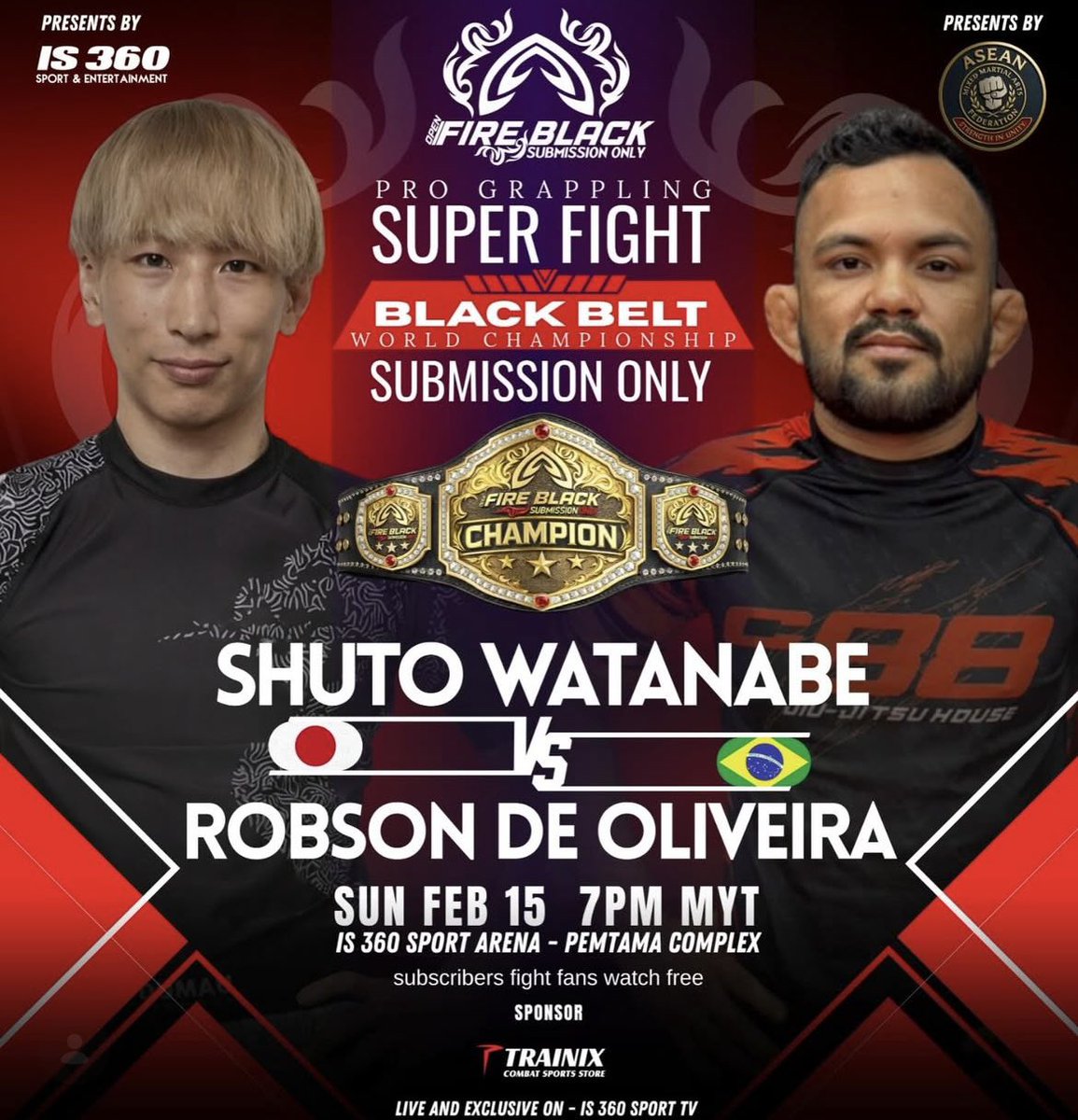 【試合決定🔥】
2/15 マレーシア🇲🇾開催
「OPEN FIRE BLACK」

61kgタイトルマッチで、
ONEで活躍中の
韓国AFC王者／香港LION王者
ホブソン・デ・オリベイラ選手と対戦が決まりました。

間違いなく過去最強の相手。
ずっと、こんな試合を待っていた。

必ず勝って、
自分の名を世界に広めます。