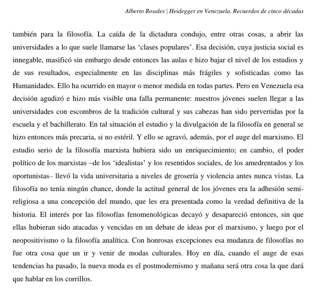 CorvoMecanique's tweet photo. En Venezuela, la caída de la dictadura perejimenista trajo consigo una mayor apertura universitaria, pero un declive de la calidad educativa. Por eso, en el caso de la filosofía local, el marxismo militante terminó por desplazar la fenomenología, historicismo y existencialismo. https://t.co/9H6t6XcFhU