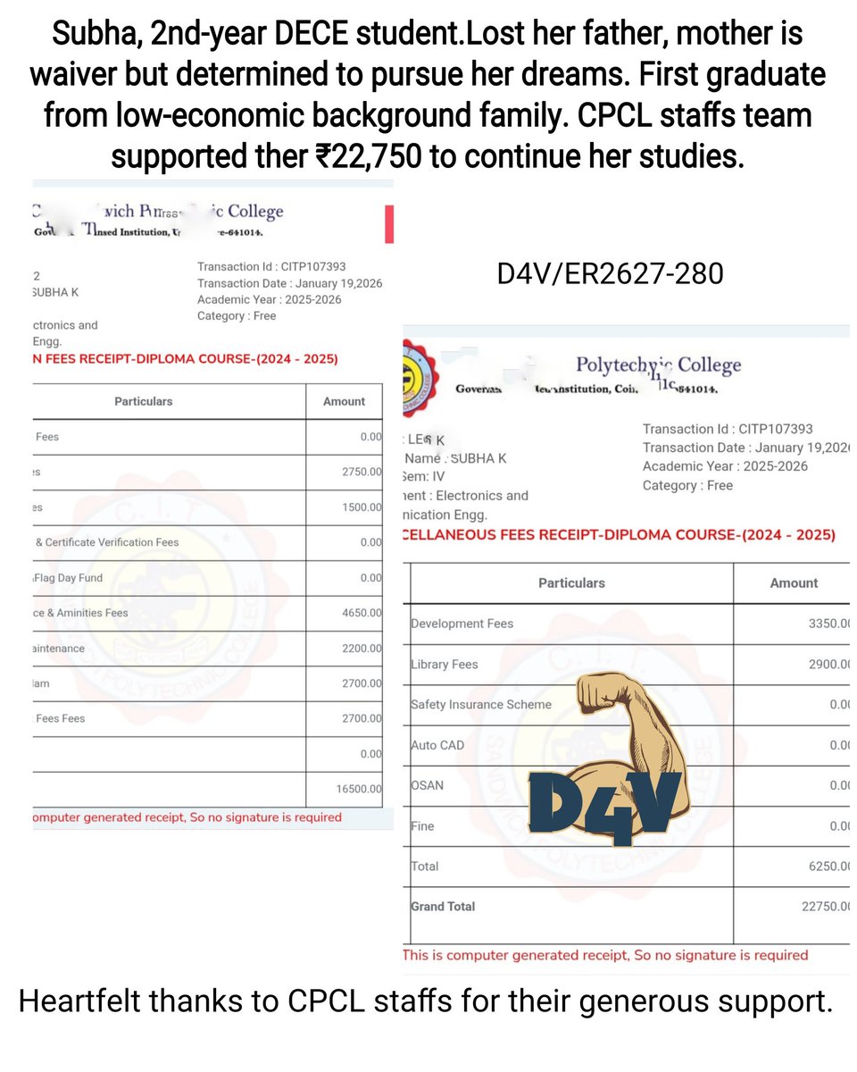 Subha, 2nd-year DECE student.Lost her father, mother is waiver, but determined to pursue her dreams. First graduate from low-economic background family. CPCL staffs supported her ₹22,750 to continue the studies. Heartfelt thanks to CPCL staffs for their generous support.