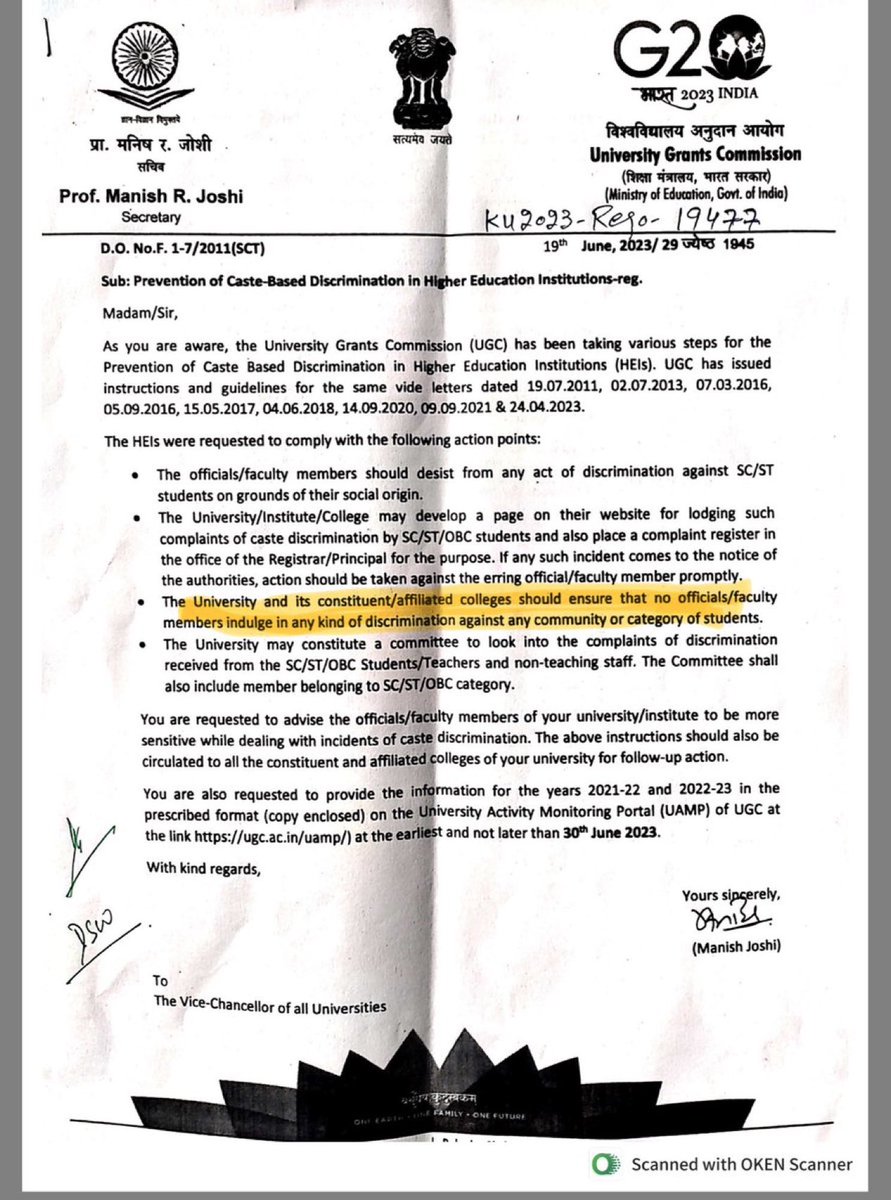 Read before outrage. 

✅ Universities and affiliated/constituent colleges must ensure no discrimination is indulged in against any community/category of students (this line is highlighted in your screenshot).