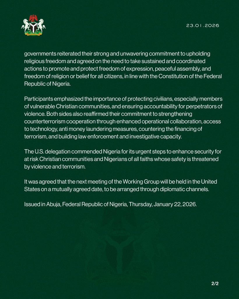 jcokechukwu's tweet image. U.S-Nigeria Joint Working Group Issues Statement. 

Important Excerpts from the Joint Statement 👇🏾👇🏾👇🏾

“The Working Group was established following the designation of Nigeria as a Country of Particular Concern by U.S. President Donald J. Trump under the International Religious…