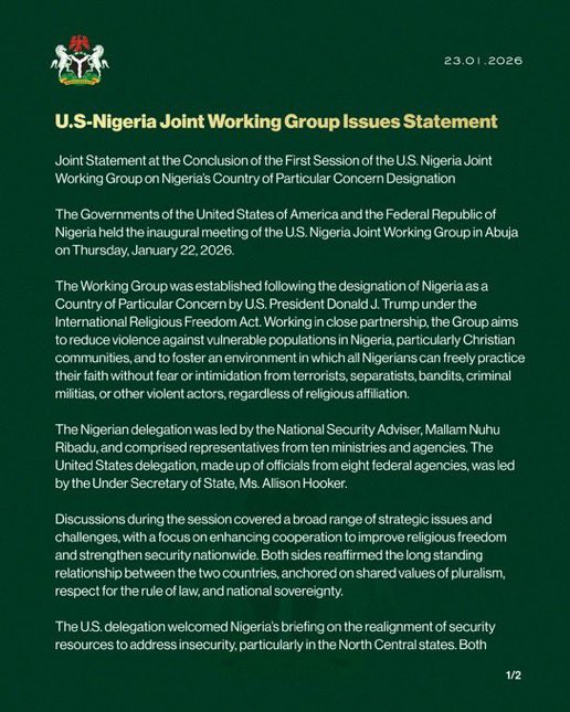 jcokechukwu's tweet image. U.S-Nigeria Joint Working Group Issues Statement. 

Important Excerpts from the Joint Statement 👇🏾👇🏾👇🏾

“The Working Group was established following the designation of Nigeria as a Country of Particular Concern by U.S. President Donald J. Trump under the International Religious…