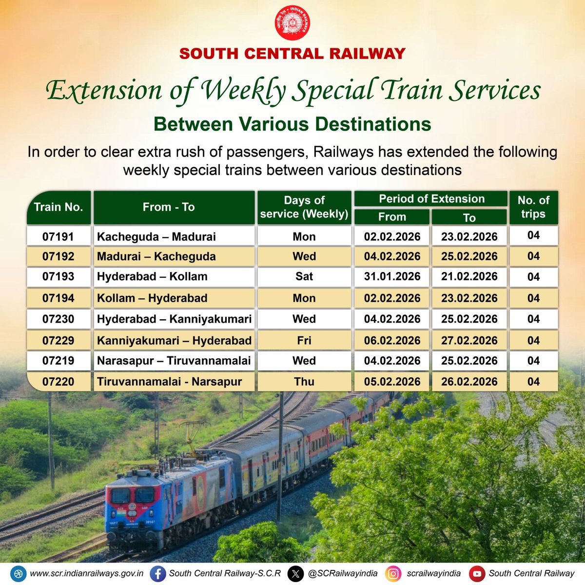 SCRailwayIndia's tweet photo. South Central Railway extends weekly special train services across key routes to ease extra passenger rush, ensuring smoother and more comfortable journeys this season.
#SouthCentralRailway #SpecialTrains #WeeklySpecial #TrainServices #IndianRailways #PassengerConvenience https://t.co/TR2Hd7GX7z