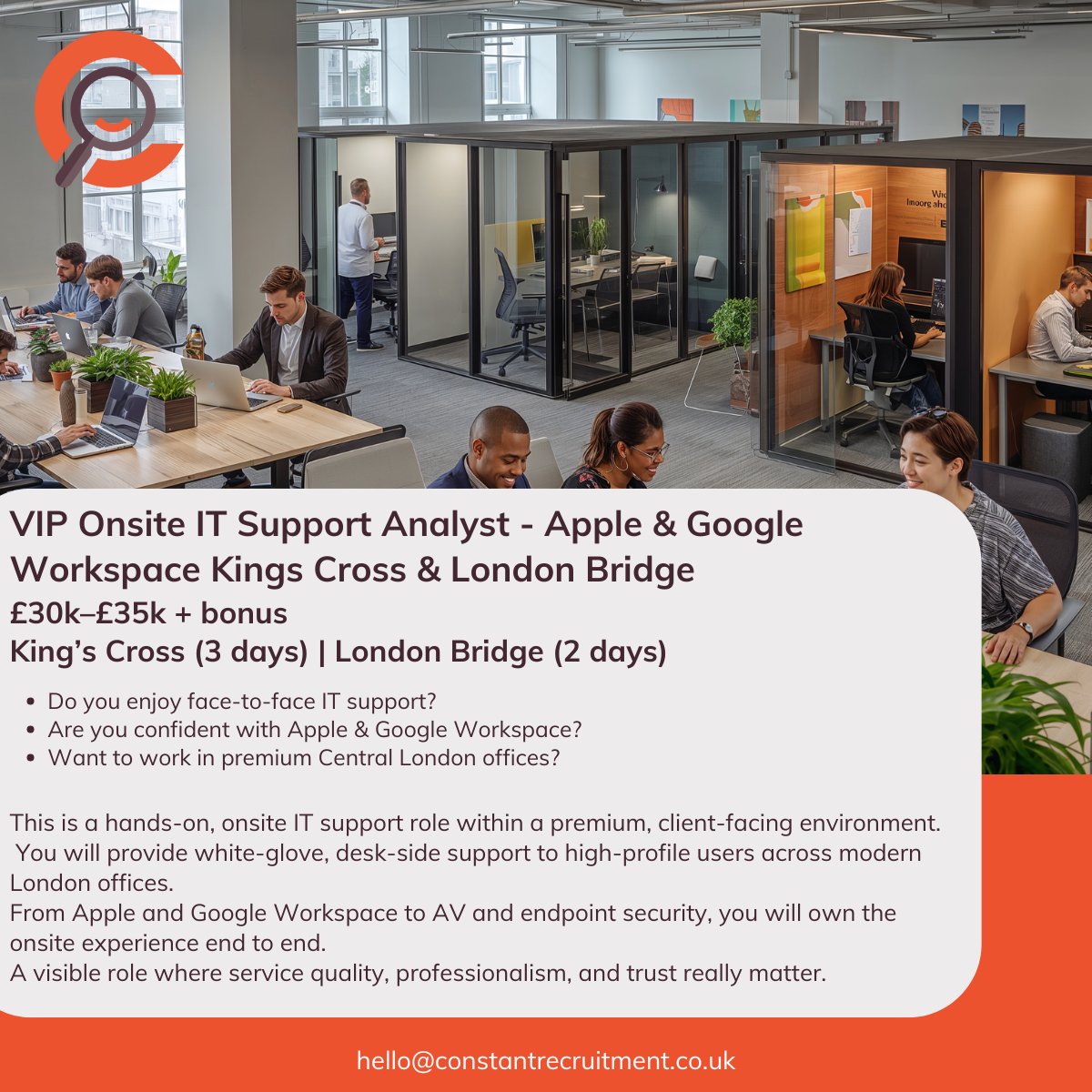 ConstantRec's tweet image. Hands-on, face-to-face IT support in premium offices not a ticket-only role.
Apple &amp;amp; Google Workspace focus
Perfect for Desktop / Mac / Onsite IT Support professionals who value service quality.
DM me to chat 
#ITJobs #MacSupport #GoogleWorkspace #LondonJobs #OnsiteIT