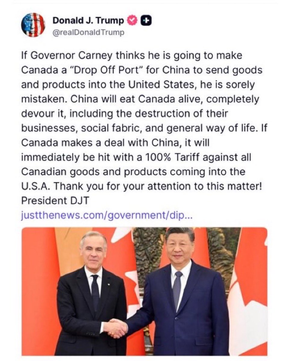 Trump threatens 100% tarifs on Canada if they pursue deals with China.