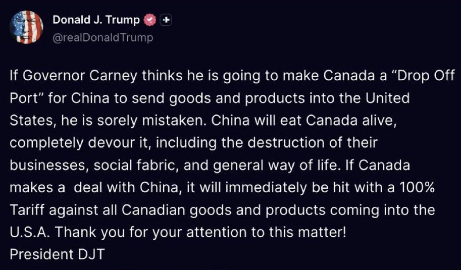 RpsAgainstTrump's tweet image. Trump is threatening to slap a 100% tax on Americans for all Canadian goods if “Governor” Carney signs a deal with China, which he already did.