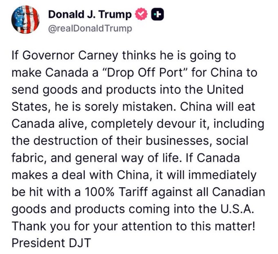 KEriksenV2's tweet image. Carney is an economic hitman.

100% tariffs on Canadian goods and products if the deal with China goes through…