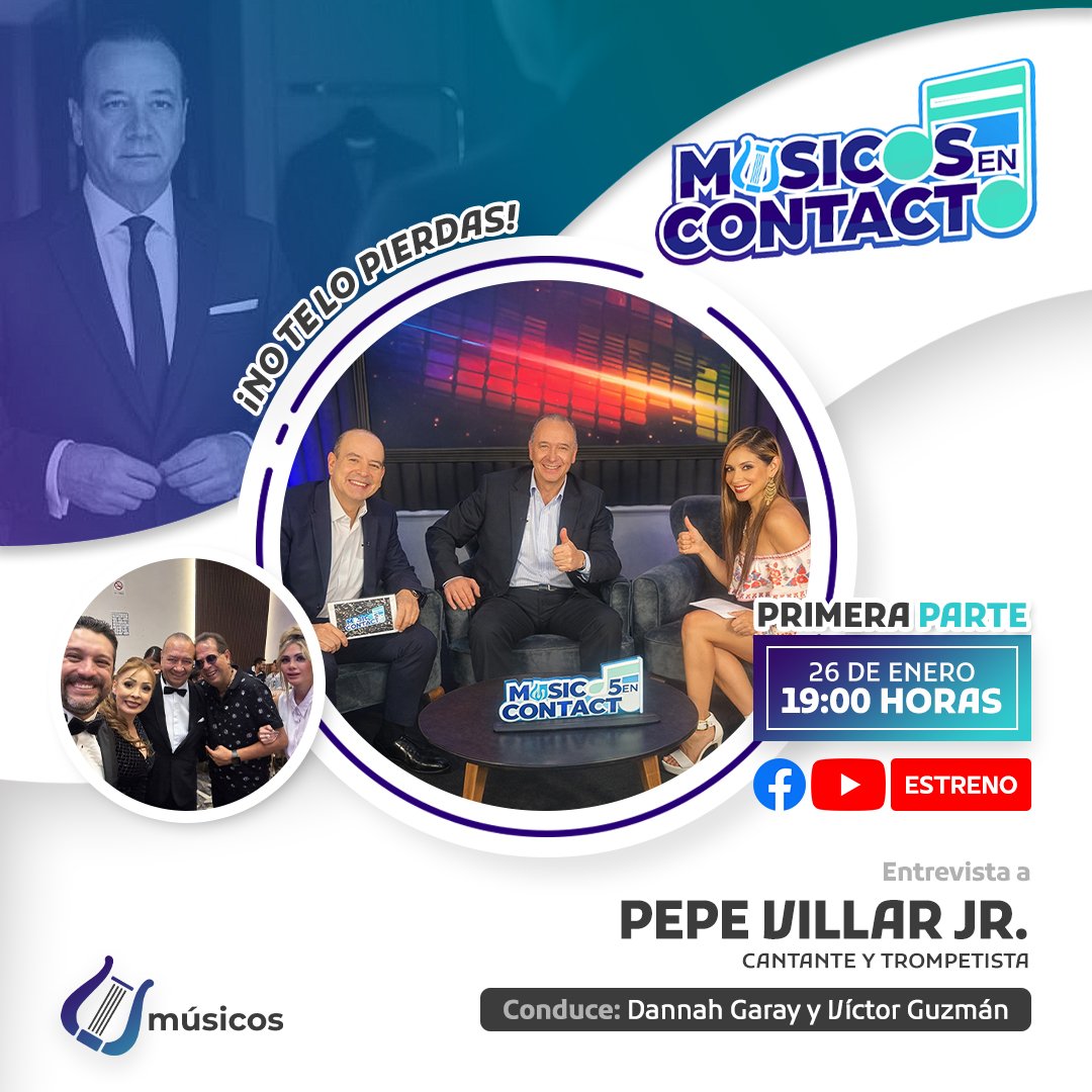 ¡Cambiamos de horario, nos vemos todos los lunes en #MúsicosEnContacto! 

En esta emisión contaremos con:
🔹Entrevista a: Pepe Villar Jr.
Conducen: Dannah Garay y Víctor Guzmán
Sigue la transmisión por:
📱🕛 Facebook y YouTube
Lunes 26 de enero-7:00hrs