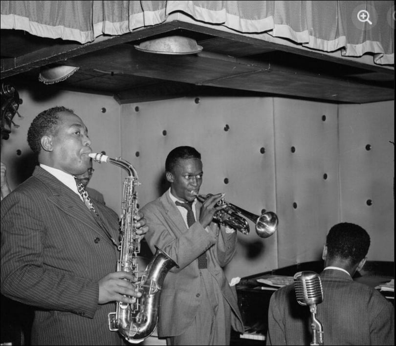 dan_bst's tweet image. Charlie Parker, Max Roach (almost hidden by Parker), Miles Davis, and Duke Jordan.  New York...