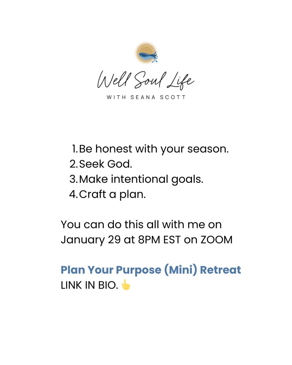 Without a plan, you will probably fail.
---
How can you succeed?

❶ Be honest with your season.
❷ Seek God.
❸ Make intentional goals.
❹ Craft a plan.

𝐉𝐀𝐍𝐔𝐀𝐑𝐘 𝟐𝟗 𝐀𝐓 𝟖𝐩𝐦 𝐄𝐒𝐓
𝐏𝐥𝐚𝐧 𝐘𝐨𝐮𝐫 𝐏𝐮𝐫𝐩𝐨𝐬𝐞 (𝐌𝐢𝐧𝐢) 𝐑𝐞𝐭𝐫𝐞𝐚𝐭 
LINK IN BIO.