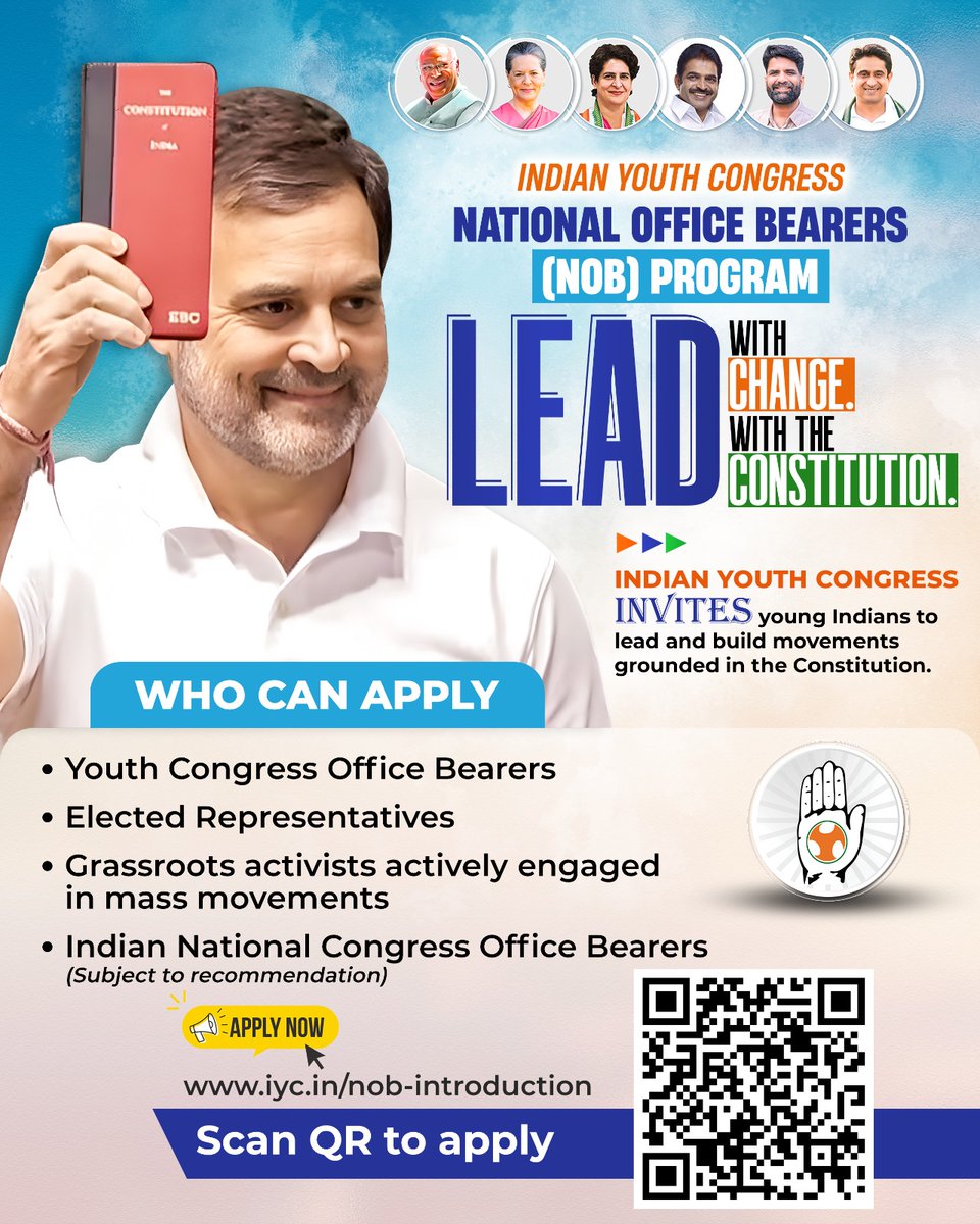 IYCGujarat's tweet photo. India needs leaders who stand by the Constitution. 🇮🇳✊🏻

The IYC NOB Program is a call to build courageous, accountable leadership rooted in justice and public service.

Apply now 👇🏻: https://t.co/HIb4sbTq4A…
#IYCNOBProgram #LeadWithChange https://t.co/RGbaPAAqMJ