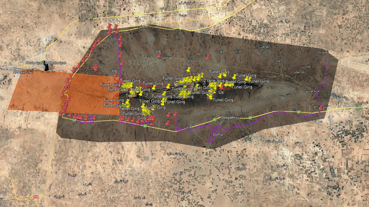 📍Sincar Dağı-Kampı Çalışması

🟠Turuncu bölge :  Irak Suriye Tünel Hattı
🔴Kırmızı Pinler : PKK Noktaları - Üsleri 
🟣Mor Çizgiler : Savunma Hattı - Mevzi 

Dağın zirvesinde ve eteklerinde 100+ tünel girişi ve havalandırması mevcut.