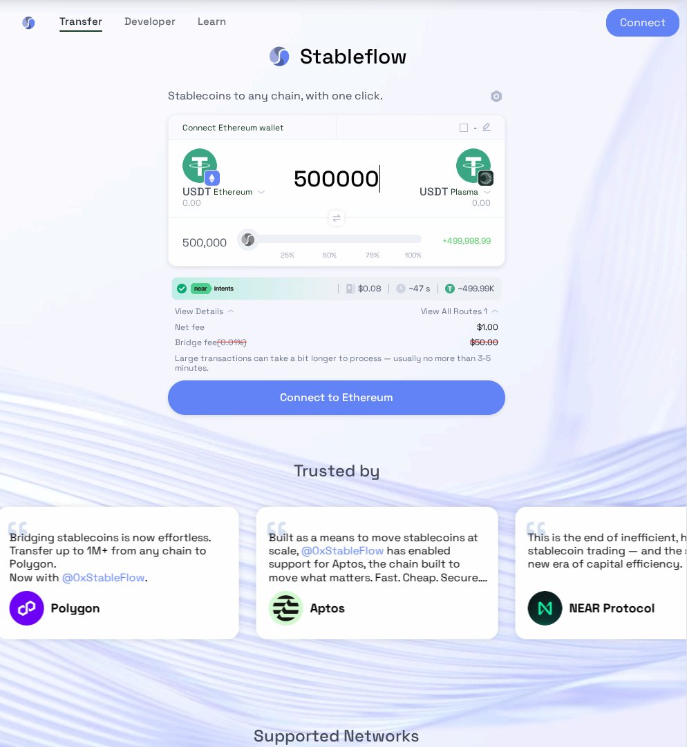 The best cheap and fast stablecoin transfer protocol for the best  stablecoin chain! 500k worth of USDT from L1 Ethereum > Plasma for ~1$ of  fee! Powered by @0xStableFlow (which is powerd