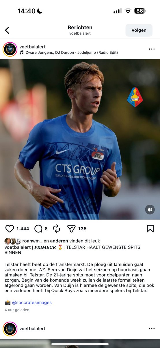 Telstar is in hun zoektocht naar een nieuwe spits uitgekomen bij Van Duijn; het zou gaan om een huurperiode voor de rest van het seizoen 2025/2026.