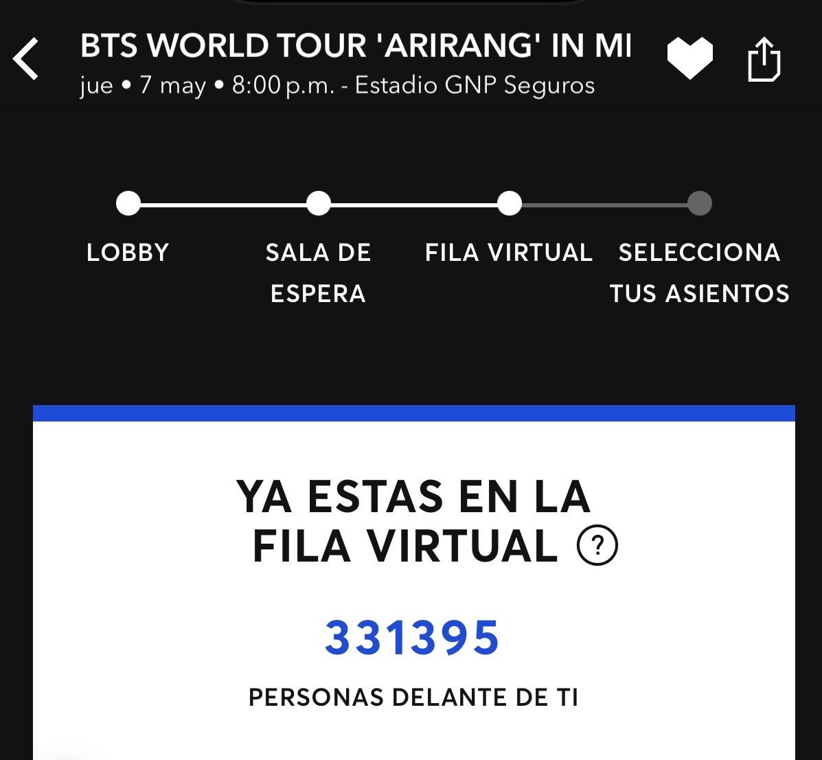 mxcharts's tweet image. La fila virtual para adquirir boletos en venta general de los conciertos ‘ARIRANG’ en México supera las 300k y 400k personas 🇲🇽

¿Hay alguien con un número más alto? 🫠

ARIRANG GENERAL SALE MEXICO CITY
#BTS #방탄소년단 #BTS_ARIRANG 
#BTS_WORLDTOUR_MEXICOCITY #BTS_WORLDTOUR_NA