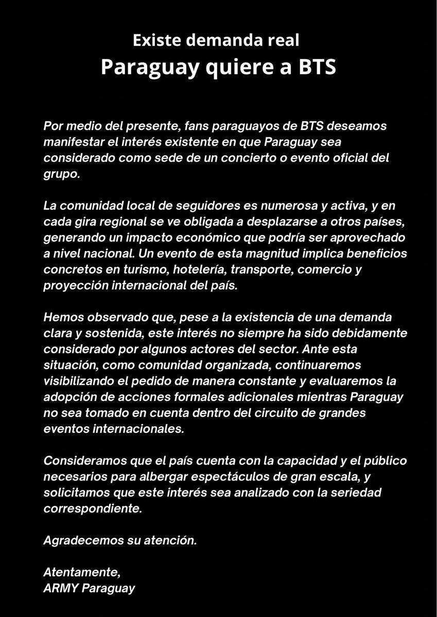 COMUNICADO PARA MEDIOS DE PRENSAS ‼️Guarden y manden colectivamente a los correos a todos los medios de comunicación y asi llegamos a empresas del pais. #BTSENPARAGUAY tendencia N° 1 en TWITTER. 

La nación:digital@nacionmedia.com
Abc: ciudadano@abc.com.py
G5pro: info@g5pro.com
