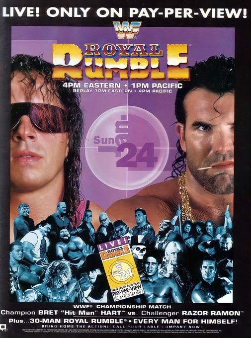 wrestle_hist's tweet photo. 1/24/1993  

The Royal Rumble poster.  

#WWF #WWE #RoyalRumble #BretHart #TheHitman #ExcellenceOfExecution #RazorRamon #ScottHall #TheBadGuy #HeyYo #ARCOArena #Sacramento #California https://t.co/E7V6px0RmV
