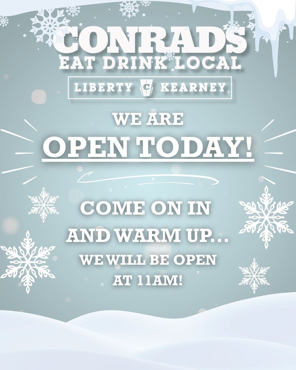 Despite the snowy weather, we will open at 11 a.m. today...
Come in and warm up with our Pot Roast and a craft beer! 🍻 
#EatDrinkLocal #Conrads816 #NorthlandProud