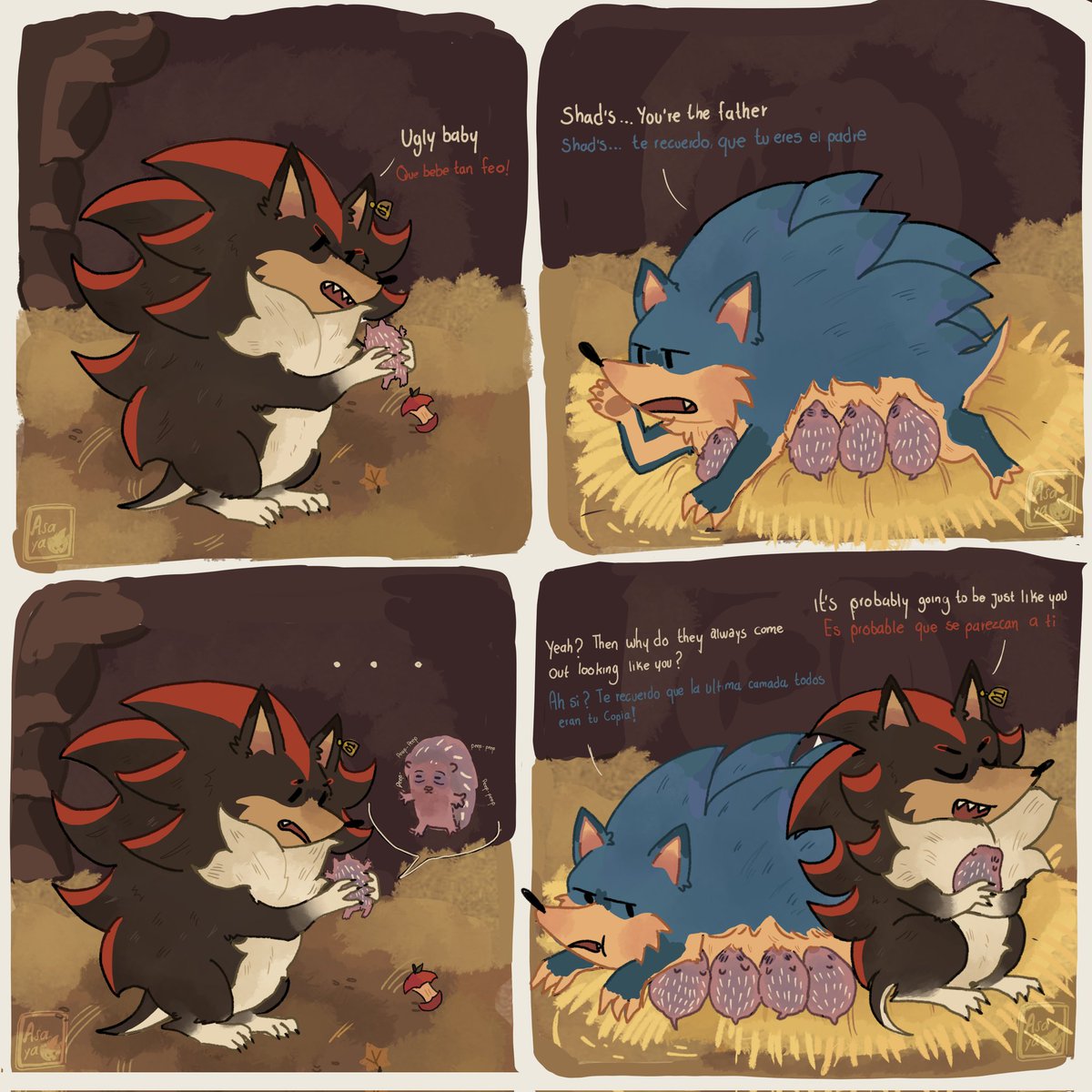 asaya430's tweet image. I saw this drawing trend and thought it was the perfect excuse,  I tweaked the last panel a bit ꉂ(˵˃ ᗜ ˂˵)
[Not canon within the AU]

[#ShadowTheHedgehog #SonicTheHedgehog #sonadow #Shadonic #wildhogAU]