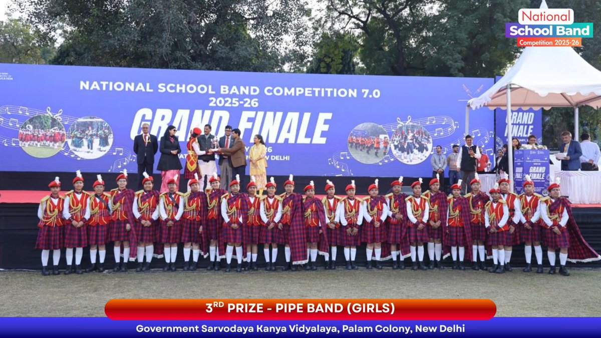 EduMinOfIndia's tweet photo. 🥁✨ Congratulations to the Winners of the Pipe Band – Girls category at the #NationalSchoolBandCompetition7.0 2025-26! ✨🥁

🏆 1st Prize: Kasturba Gandhi Balika Vidyalaya, Kanke, Ranchi, Jharkhand
🥈 2nd Prize: PM SHRI Jawahar Navodaya Vidyalaya, Sriganganagar, Rajasthan
��� 3rd Prize: Govt. Sarvodaya Kanya Vidyalaya, Palam Colony, New Delhi
🎖️ Consolation Prize: PM Shri Kendriya Vidyalaya ASC Centre, Bangalore, Karnataka

#NationalSchoolBandCompetition #SchoolEducation #SamagraShiksha #NEP2020

@narendramodi @PMOIndia @dpradhanbjp @sanjayjavin @PIB_India @KVS_HQ @NVS_HQ @cbseindia29 @DDNewslive