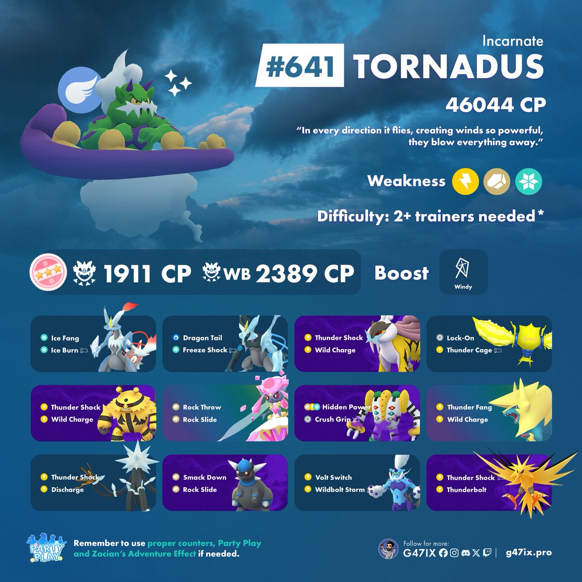 g47ix's tweet image. 🌪️ Tornadus will be available in 5★ Raids from January 25 to February 4.
✨ If you're lucky, you might find a Shiny!
More counters ➡️ Pokebattler_com
#PokemonGO