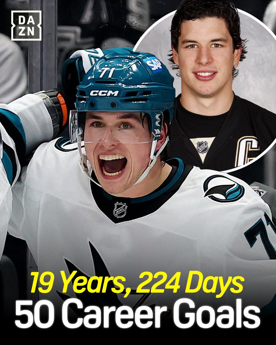 DAZN's tweet image. In elite company 😮‍💨

Macklin Celebrini becomes the second-youngest active player to 50 goals, behind only Sidney Crosby 👀

A Crosby regen in the making? 🤔

#NHLonDAZN | #Celebrini | #Crosby