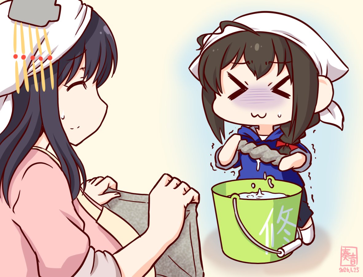 「うまく しぼれない!」プルプル
「あらあら…」
「おみず つめたい…」ブルブル
「しぐれ、無理しなくてもいいのよ?」
「おてつだい するの!!」
「強情ねぇ…」

#ママ城とちびしぐ 