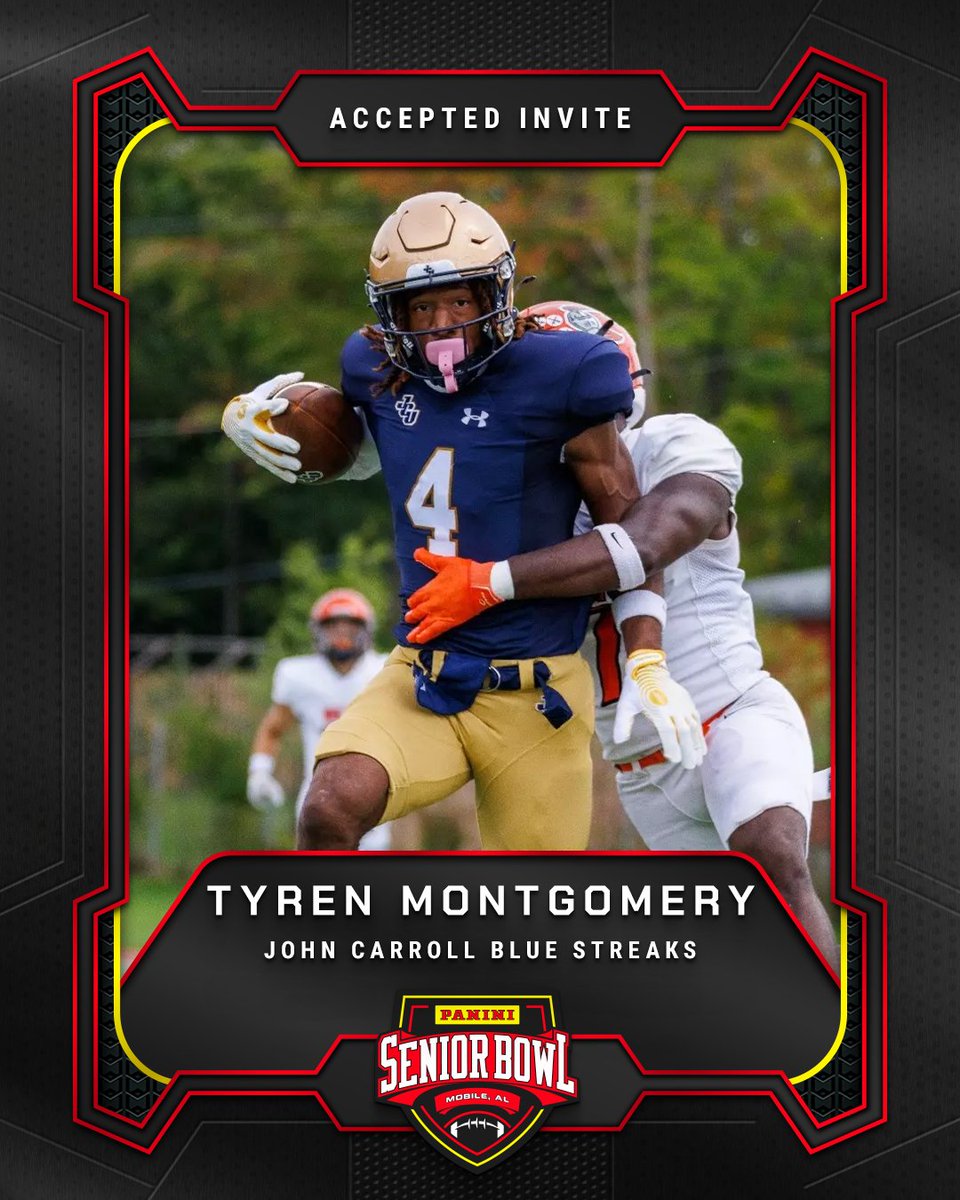 seniorbowl's tweet image. Officially Accepted!

WR Tyren Montgomery (@TyMontgomery_4) from @JCUFootball is headed to the 2026 Panini Senior Bowl 🔥

#TheDraftStartsInMobile #WherePlayersPlay