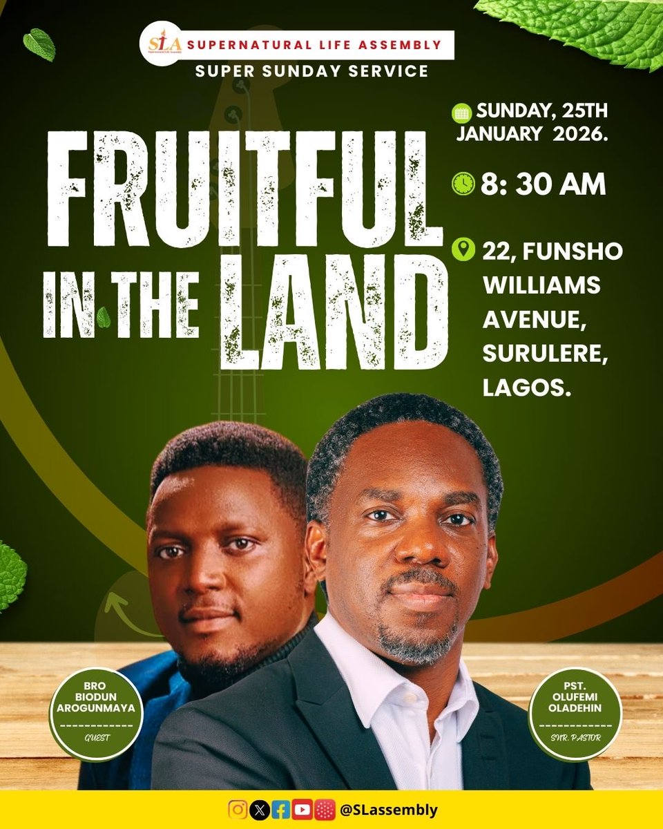 slassembly's tweet photo. Bearing fruit 🌳
“Flourishing where God planted you 💪”
Expect the unexpected as you join us this Sunday.
SUPER SUNDAY SERVICE
⏱️👉 8:30 |📍22, Funsho Williams Avenue, Opposite Maldini Marbles, Surulere. Lagos.
#slassembly #godcanbetrusted #churchinsurulere #fruitfullife https://t.co/4fmnHBF6s4