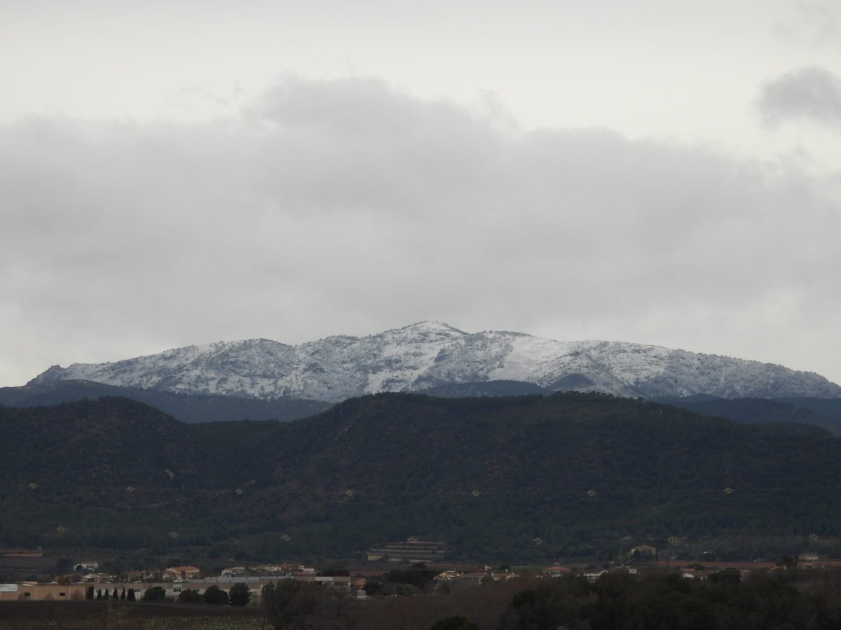 Així es veu la Serra del #Montmell en aquests moments des de Banyeres del Penedès. Bonica nevada la que ha caigut aquest matí i fins a primeres hores de la tarda al sector més elevat de la comarca. #neu #penedès ❄️