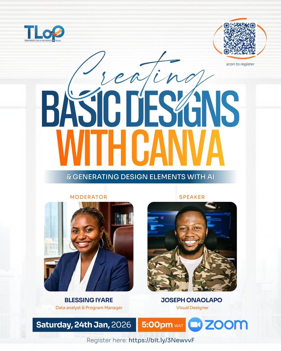 Stop letting "complex design" hold your vision back. Join me &amp; Joseph Onaolapo to master Canva + AI and level up your brand today. 🎨✨

🕔 5:00 PM WAT 📍 Zoom

Register &amp; join here: 👉 bit.ly/3NewvvF

#Canva #AI #TLoP