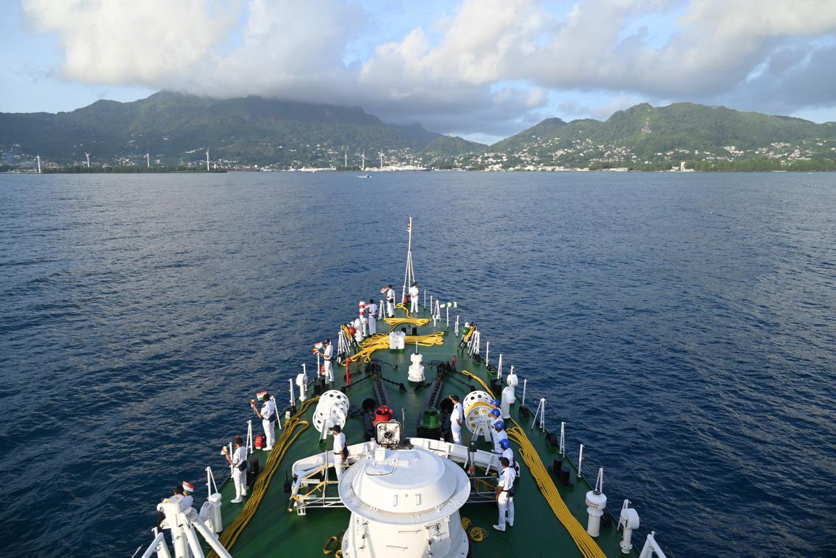 IndiaCoastGuard's tweet photo. @IndiaCoastGuard OPV Sankalp entered  #PortVictoria, #Seychelles, on #OverseasDeployment to Friendly Foreign Countries in the #IOR. The ship will undertake capacity building engagements with #SeychellesCoastGuard in #SearchAndRescue, Marine #PollutionResponse & #MaritimeLawEnforcement #MLE, and host the #RepublicDay2026 Flag Hoisting Ceremony onboard on 26 Jan 2026. With two women officers embarked, the deployment underscores #ICG’s commitment to #GenderInclusivity and India’s vision of #SAGAR Security and Growth for All in the Region.
#InternationalCooperation
@MEAIndia 
@hci_seychelles
