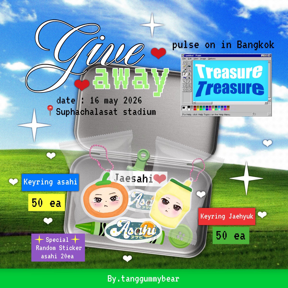pls kindly rt 🌳! 

keyring asahi 50 ea &amp; keyring jaehyuk 50ea 

⭐️ special random sticker asahi 20 ea ⭐️

⏰. tba 
☁️ . 16 may 2026 
🏟️. suphachalasat stadium

🫸🏻  rt &amp; show this tweet 🍎 🫷🏻

#PULSE_ON_IN_BANGKOK
#TREASURE_PULSE_ON_IN_BKK