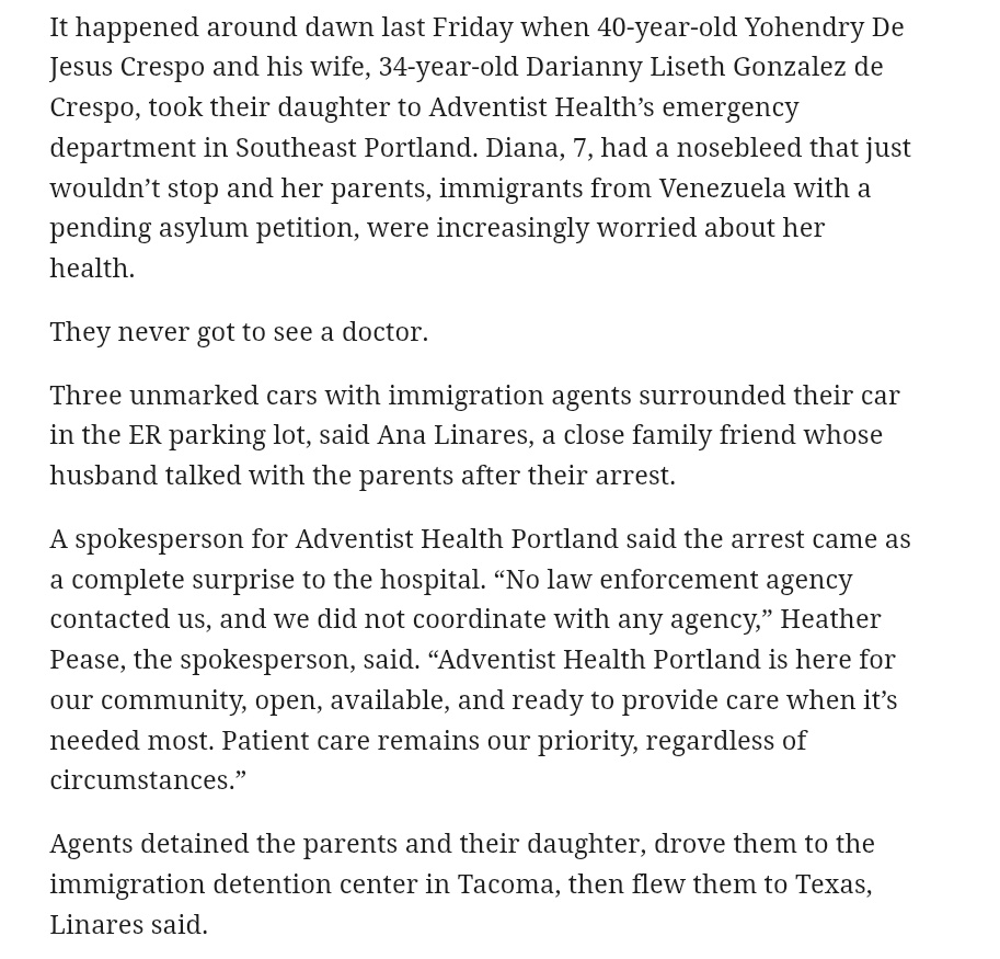 JoshEakle's tweet image. ICE abducted an entire family with a pending asylum case from a hospital parking lot.

The family was there to take their 7 year old daughter to the ER.

Instead of receiving treatment, the child was denied care, and the entire family was disappeared and transported out of state.