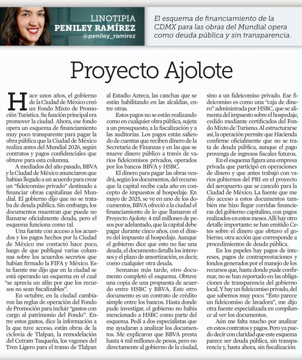 De escándalo el financiamiento para las obras del Mundial en el CDMX. Huele a engaño y corrupción:

Lean a <a href="/peniley_ramirez/">Peniley Ramírez</a>:

Proyecto Ajolote

“Estos pagos no se están realizando como en cualquier obra pública, sujeta a un presupuesto, a la fiscalización y a las auditorías”