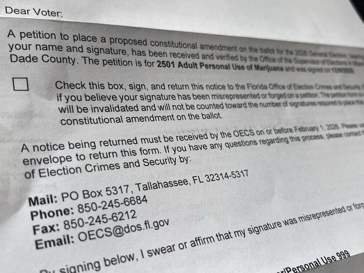 longtrulieve's tweet photo. State of Florida sent me a letter attempting to get me to invalidate my signature to legalize adult use in Florida.
Hell no! They’re desperate to suppress my vote. Legalize Florida Now!
@SmartandSafeFl #AdultUse #YesOn3 @FloridaGOP @GovRonDeSantis https://t.co/cvvbRu5d6Z