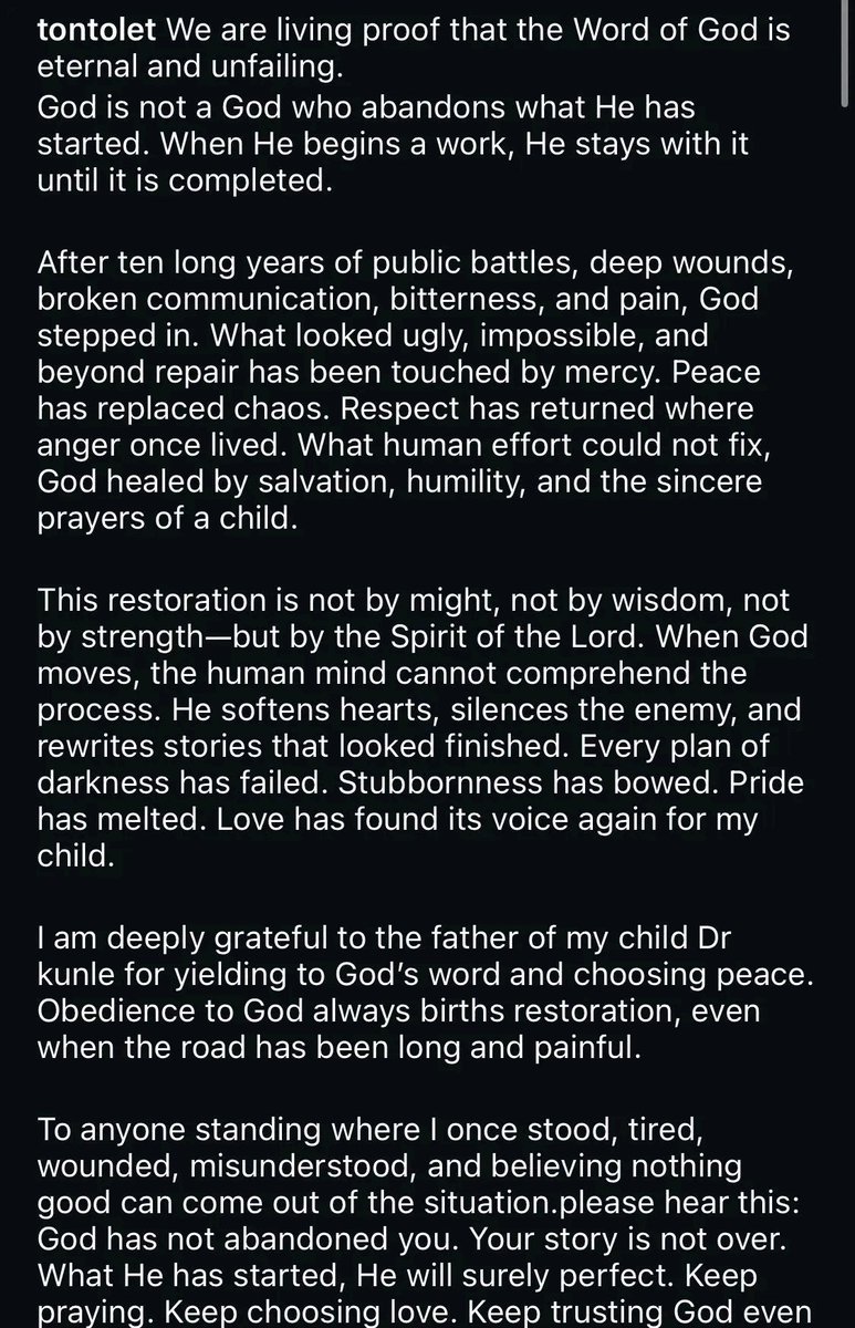 ChuksEricE's tweet image. Tonto Dikeh pens a detailed IG post reconciling with ex-husband Churchill after years of public disputes and struggles🥹
