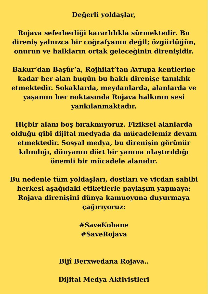 Rojava seferberliği kararlılıkla sürmektedir. Bu direniş yalnızca bir coğrafyanın değil; özgürlüğün, onurun ve halkların ortak geleceğinin direnişidir.
#saverojava