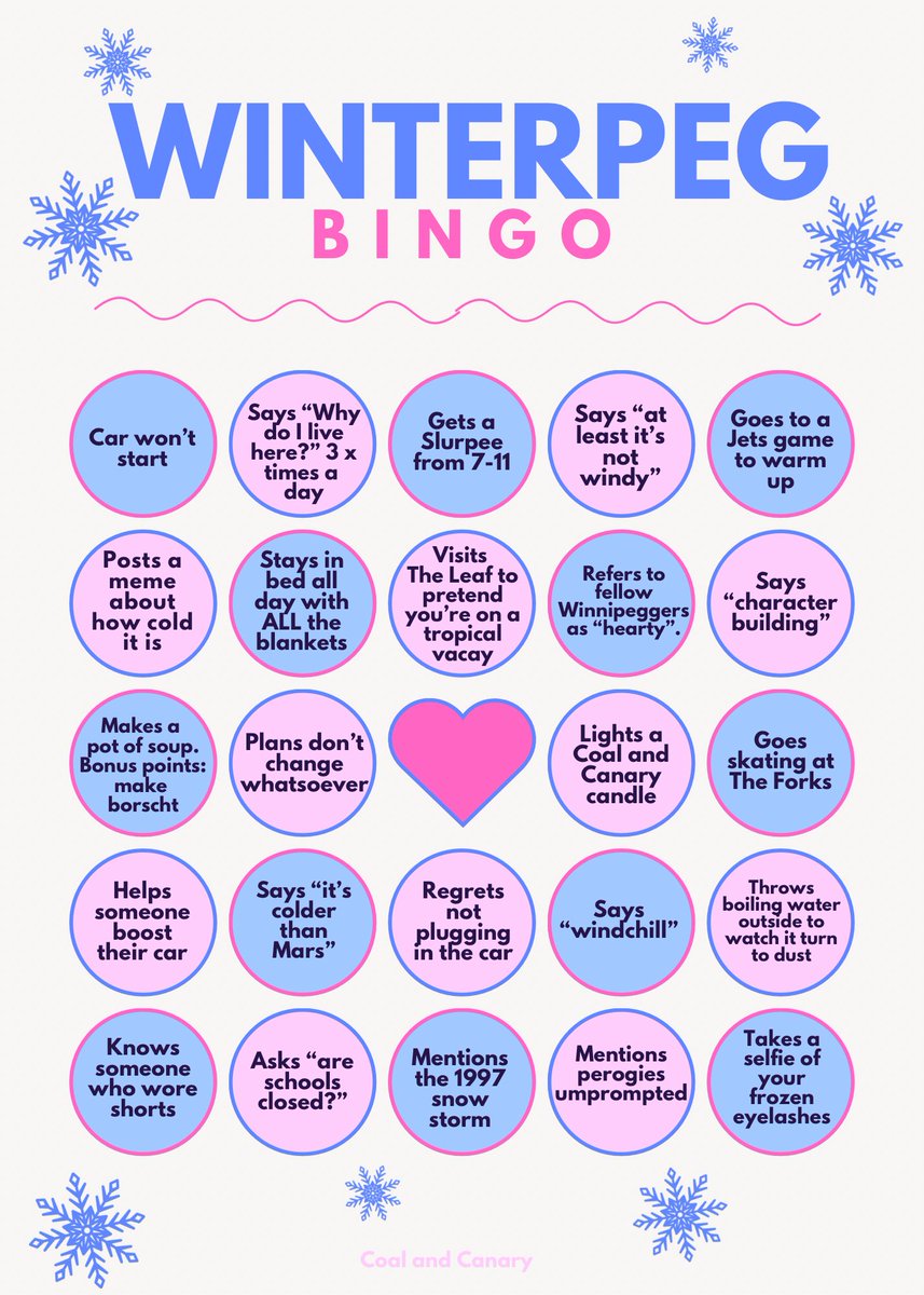 coalandcanary's tweet image. It’s –40° in Winnipeg, so we’re choosing joy… and bingo! 💕❄️

When the cold gets this extreme, you’ve gotta lean into the cozy and have a little fun with it. Screenshot our Winterpeg Bingo, play along, and see how many you can check off today! 🧣✨🥶

#Winnipeg #Winterpeg #cold