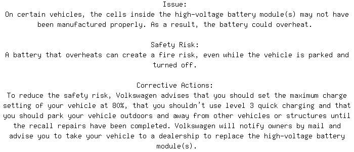 CanadianRecalls's tweet image. Safety Recall for 2023 VOLKSWAGEN ID.4 High Voltage. Approx. 136 units affected.