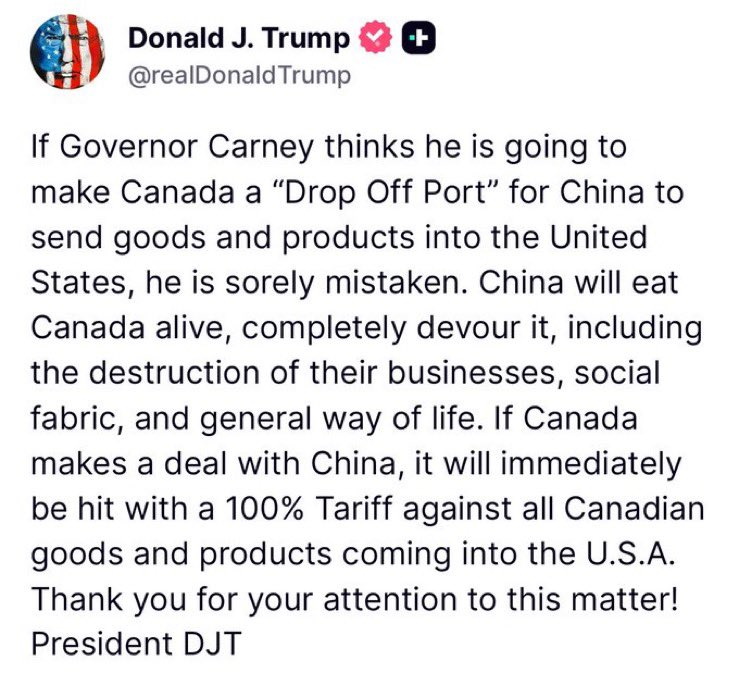 Just as Carney planned.

Elected to get a trade deal with the US, spends all his time antagonizing Trump, so boomers shit their pants and his support grows.

Carney doesn't give a fuck about Canadians.